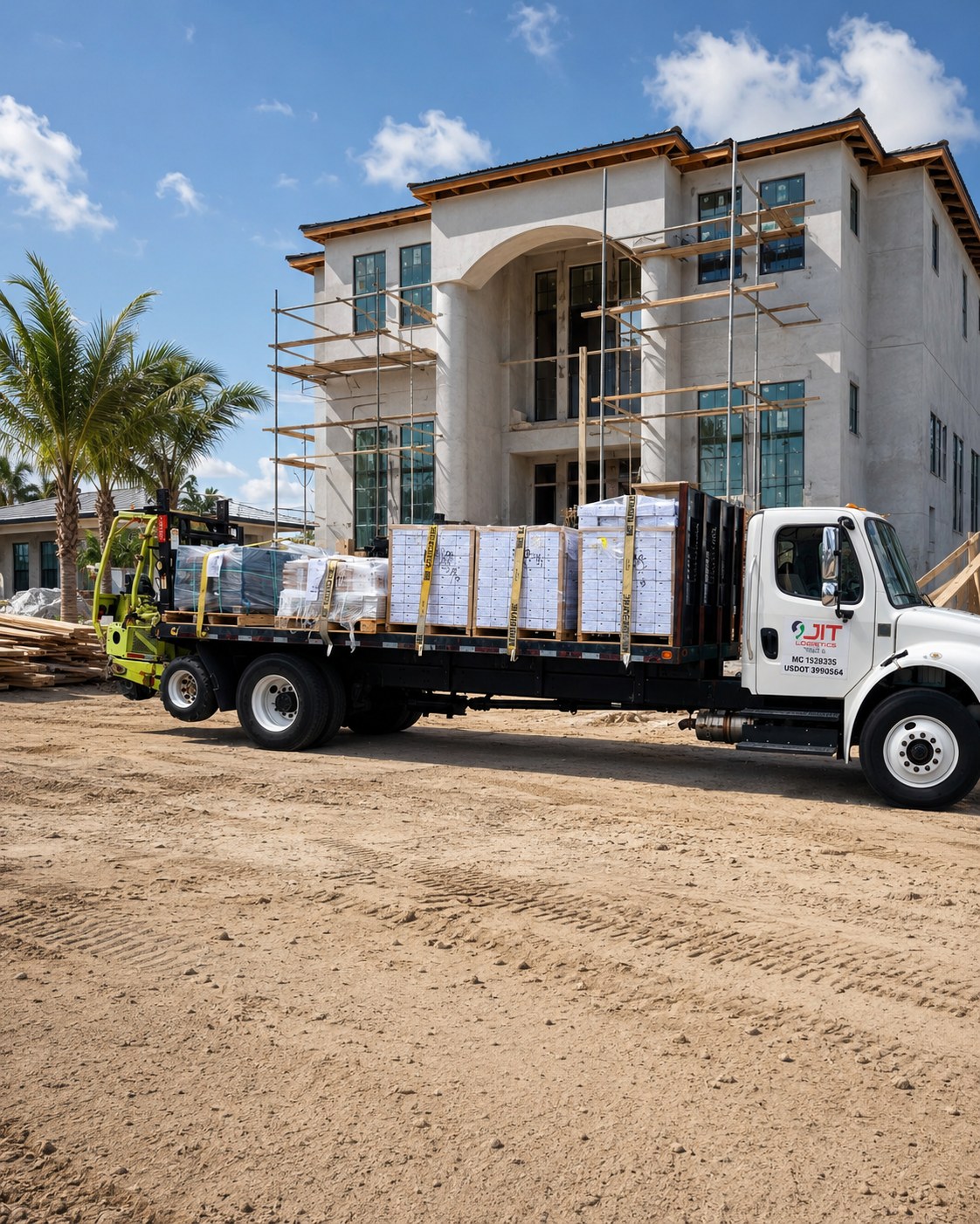 JIT Logistics flatbed truck with truck-mounted forklift offloading palletized building materials at a Greater Tampa Bay luxury home construction jobsite