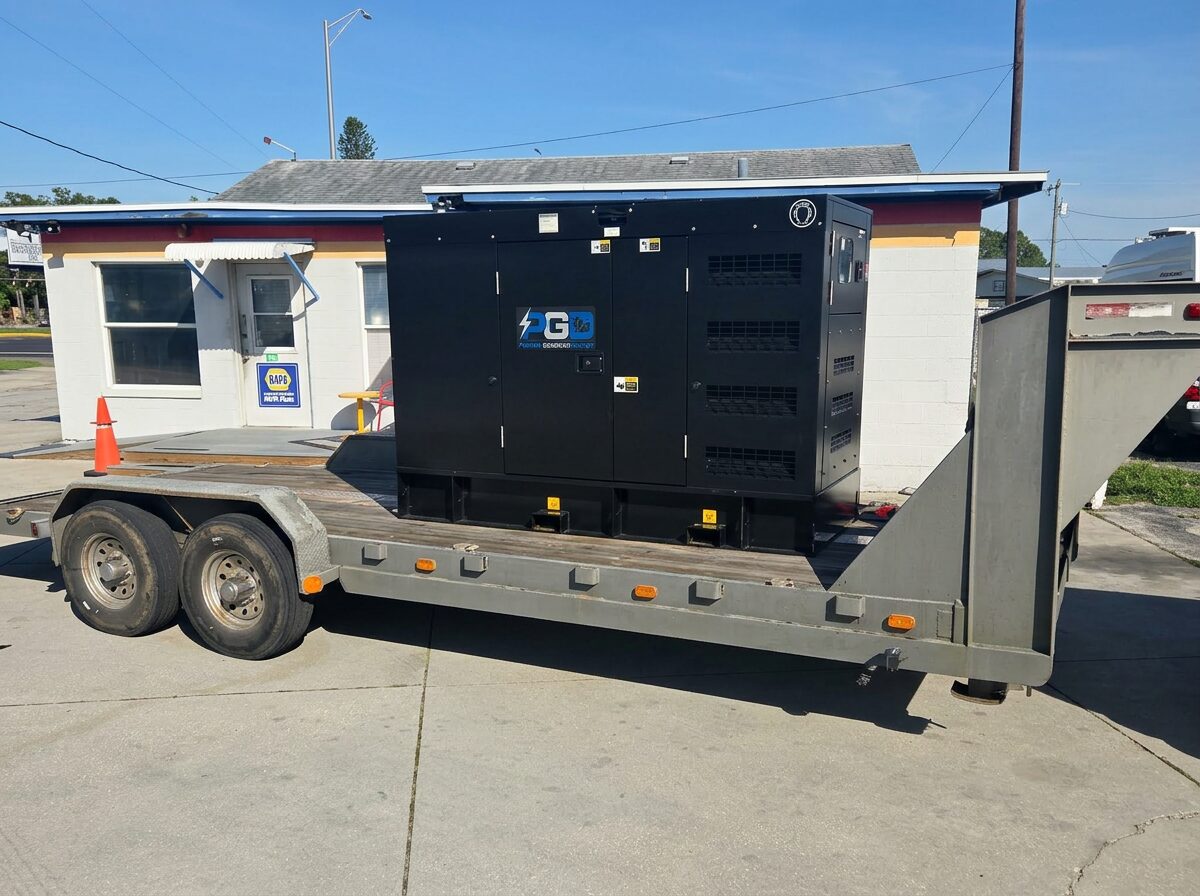 Standby diesel generator strapped to a gooseneck trailer ready to be set with a forklift