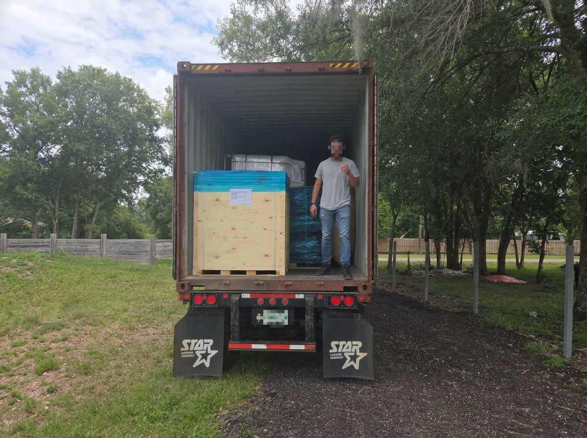 40-foot shipping container being unloaded on-site by a truck-mounted forklift