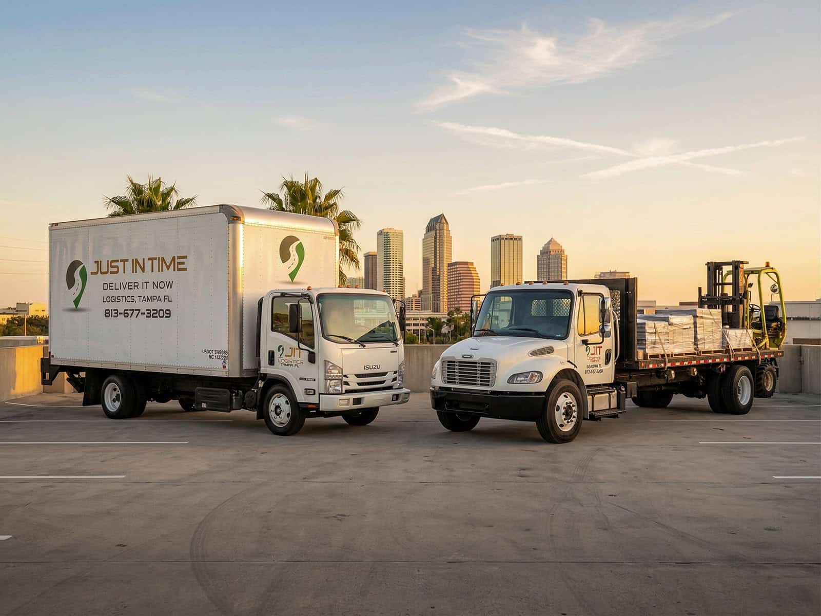 Final Mile Delivery — JIT Delivers box truck, truck-mounted forklift, and flatbed staged for final-mile delivery in Tampa Bay